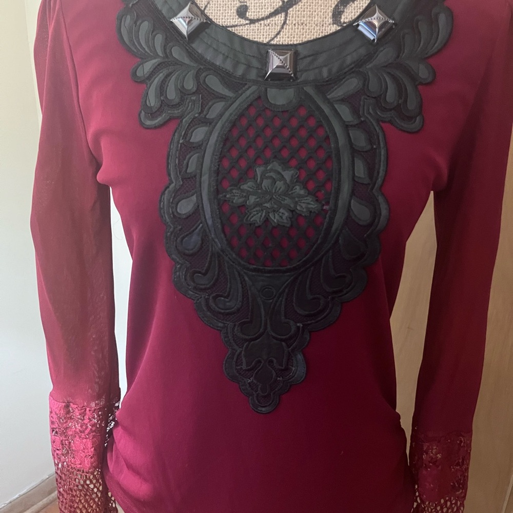 Chic Maroon Blouse with Black Embellishments